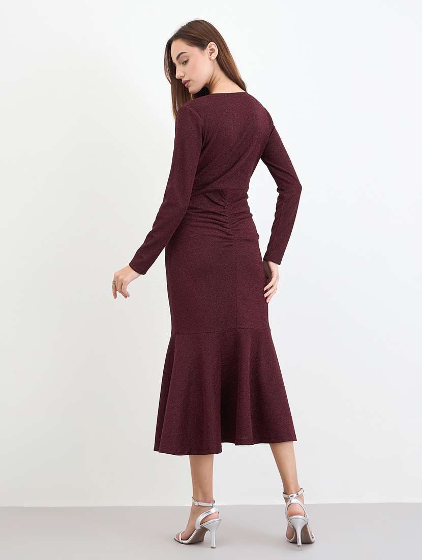 women solid overlap neck long sleeve bodycon dress - 22285453 -  Standard Image - 2