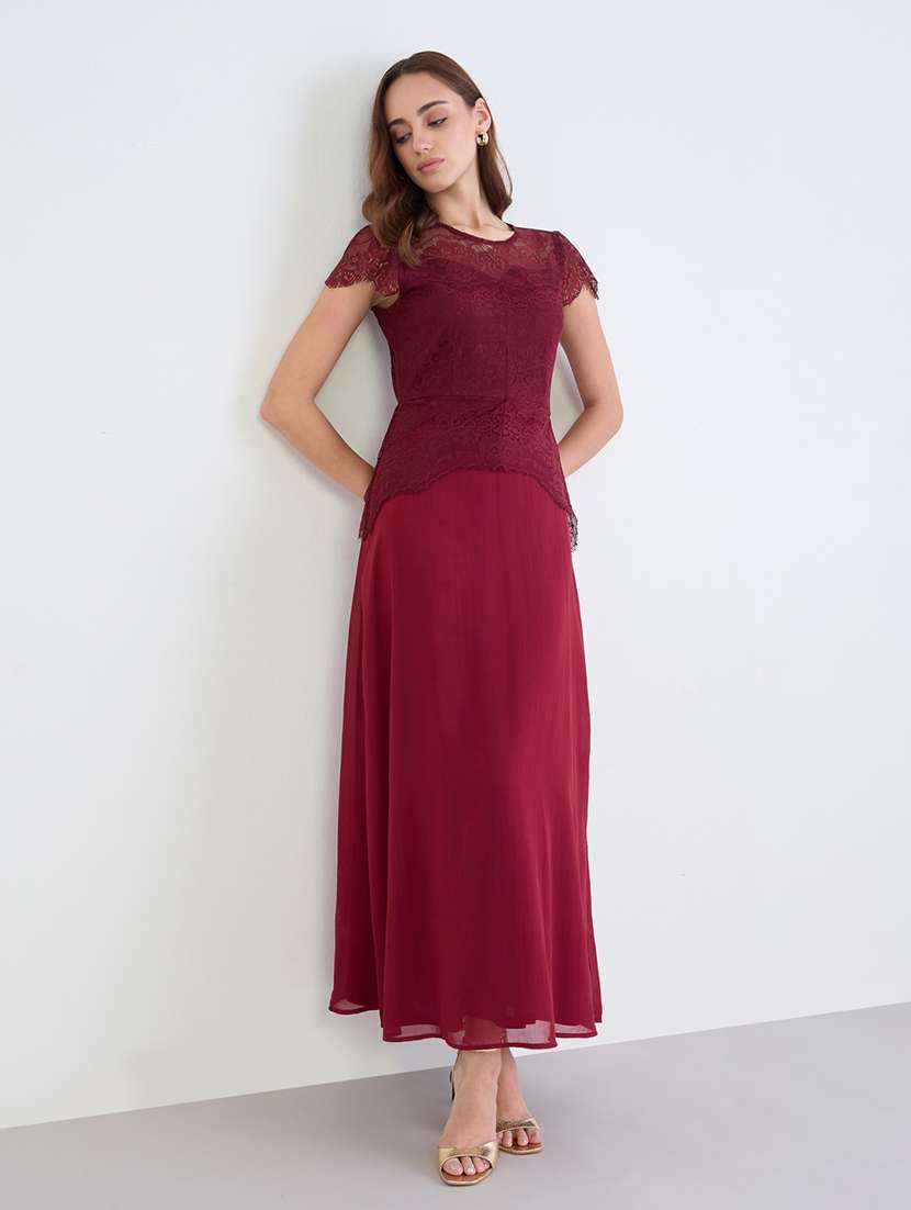 women solid cap sleeve lace a-line dress - 22285461 -  Standard Image - 2