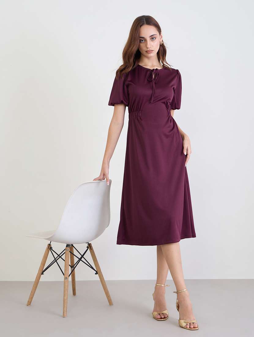 women solid puff sleeve a-line dress