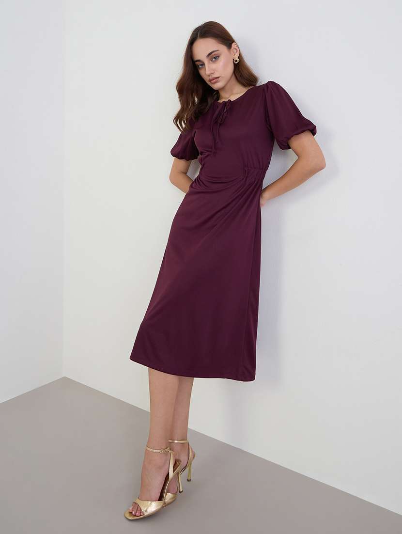 women solid puff sleeve a-line dress - 22285466 -  Standard Image - 2
