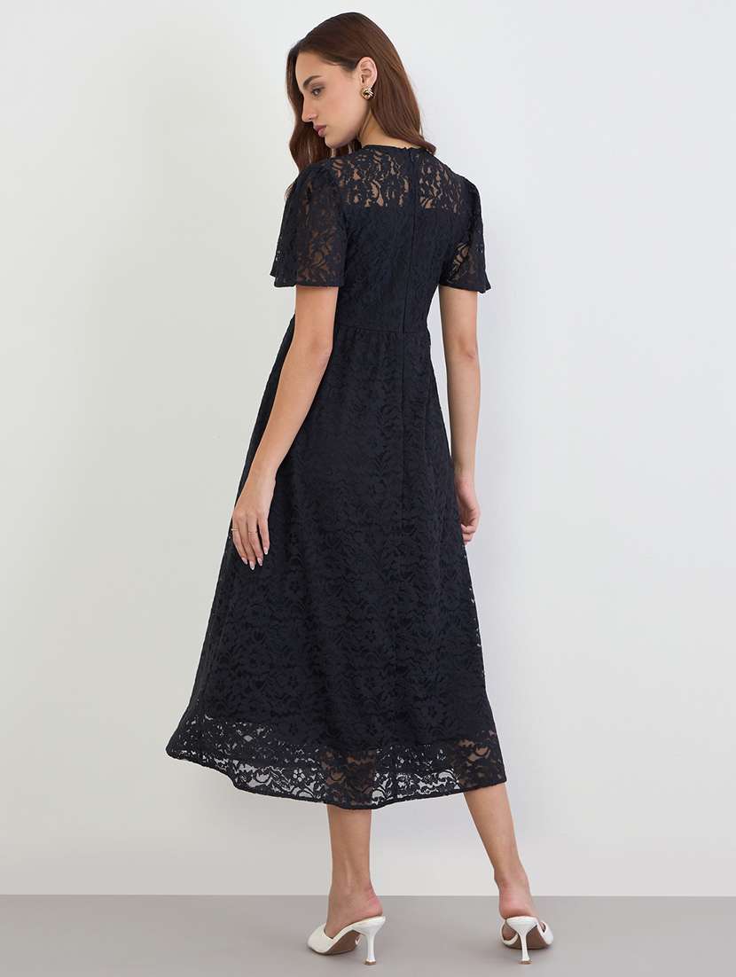women solid puff sleeve lace a-line dress - 22285468 -  Standard Image - 2