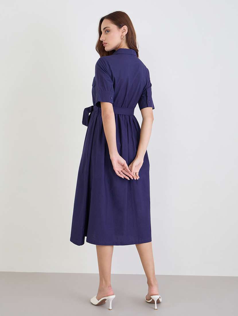 women solid collared short sleeve flared dress - 22285471 -  Standard Image - 2