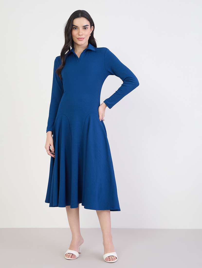 women solid collared long sleeve a-line dress - 22285472 -  Standard Image - 2