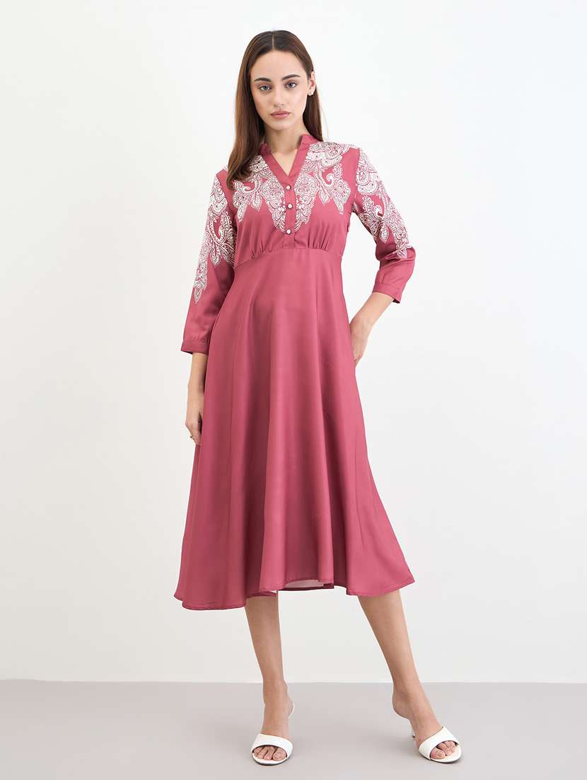 women printed mandarin neck flared dress