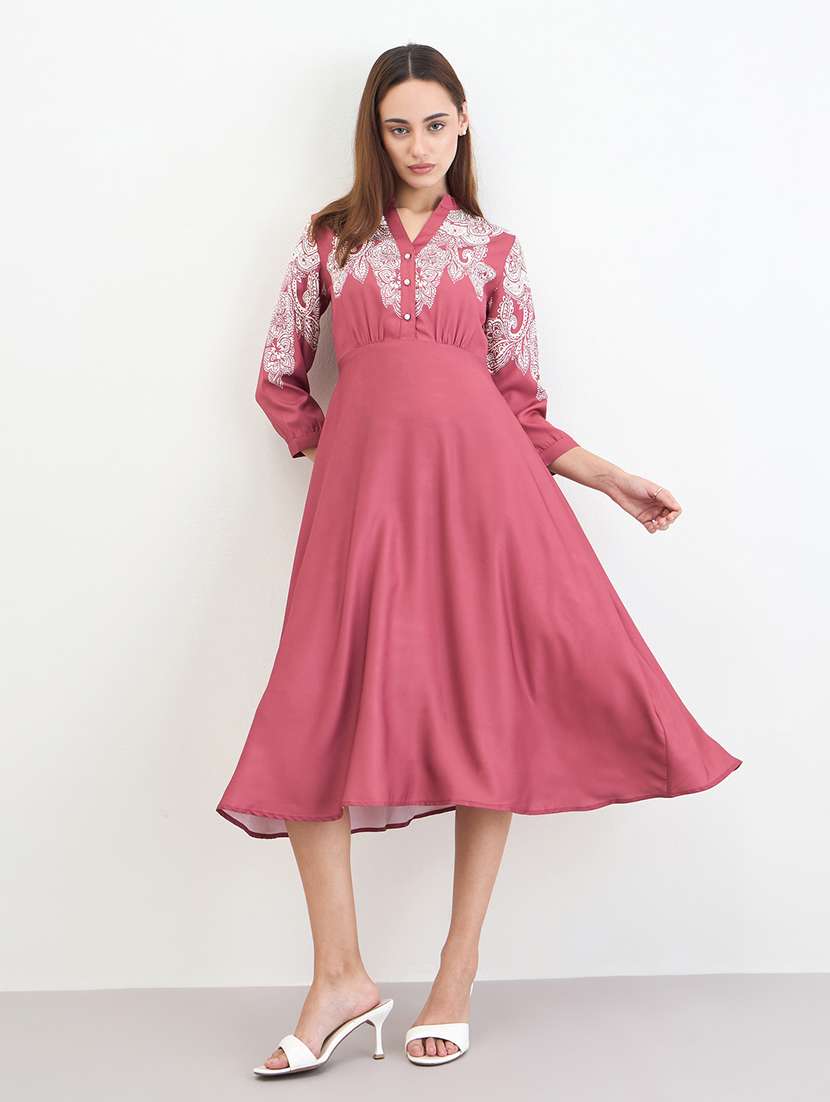 women printed mandarin neck flared dress - 22285476 -  Standard Image - 2