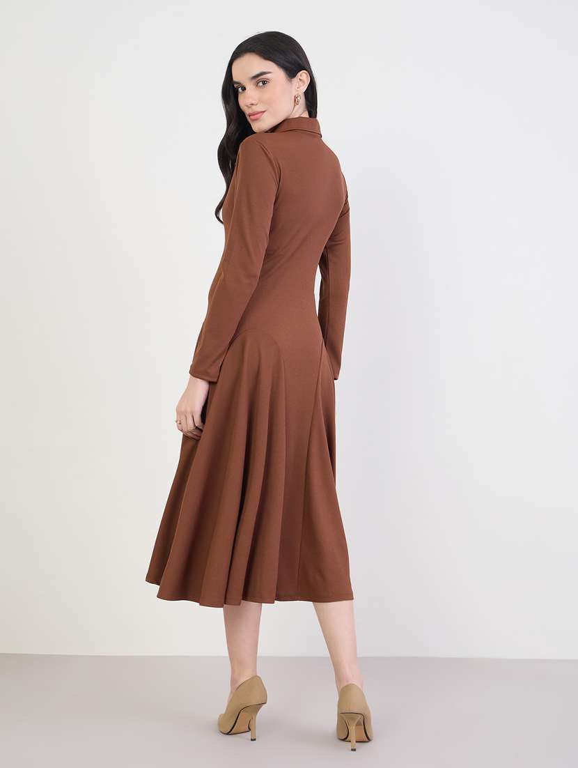 women solid collared long sleeve a-line dress - 22285478 -  Standard Image - 2