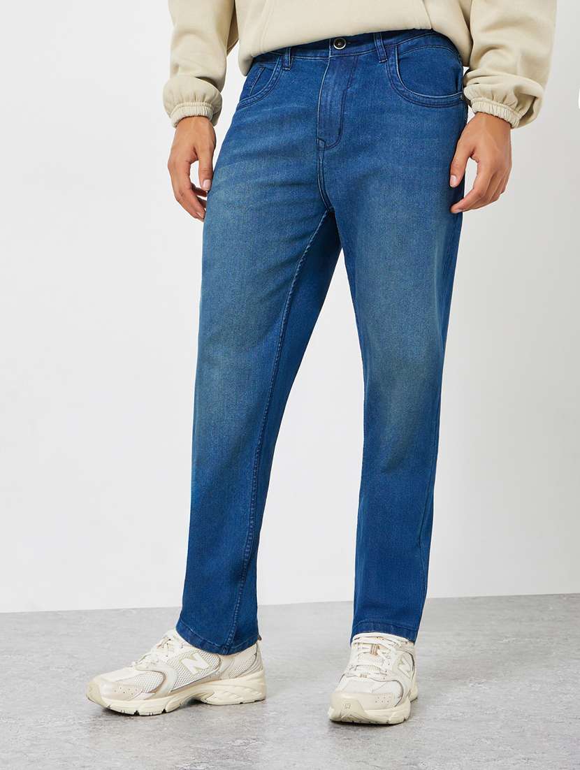 men washed mid rise straight fit jeans