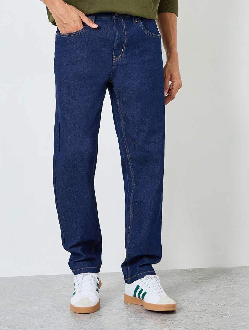 men plain mid rise full length straight fit jeans