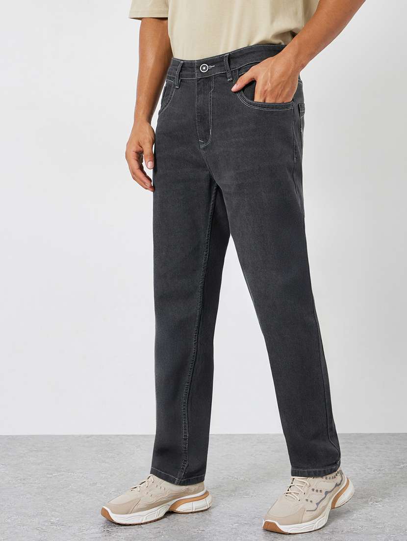 men plain mid rise full length straight fit jeans