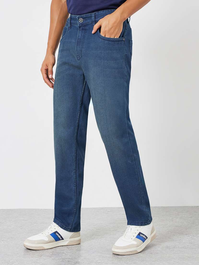 men washed mid rise full length straight fit jeans