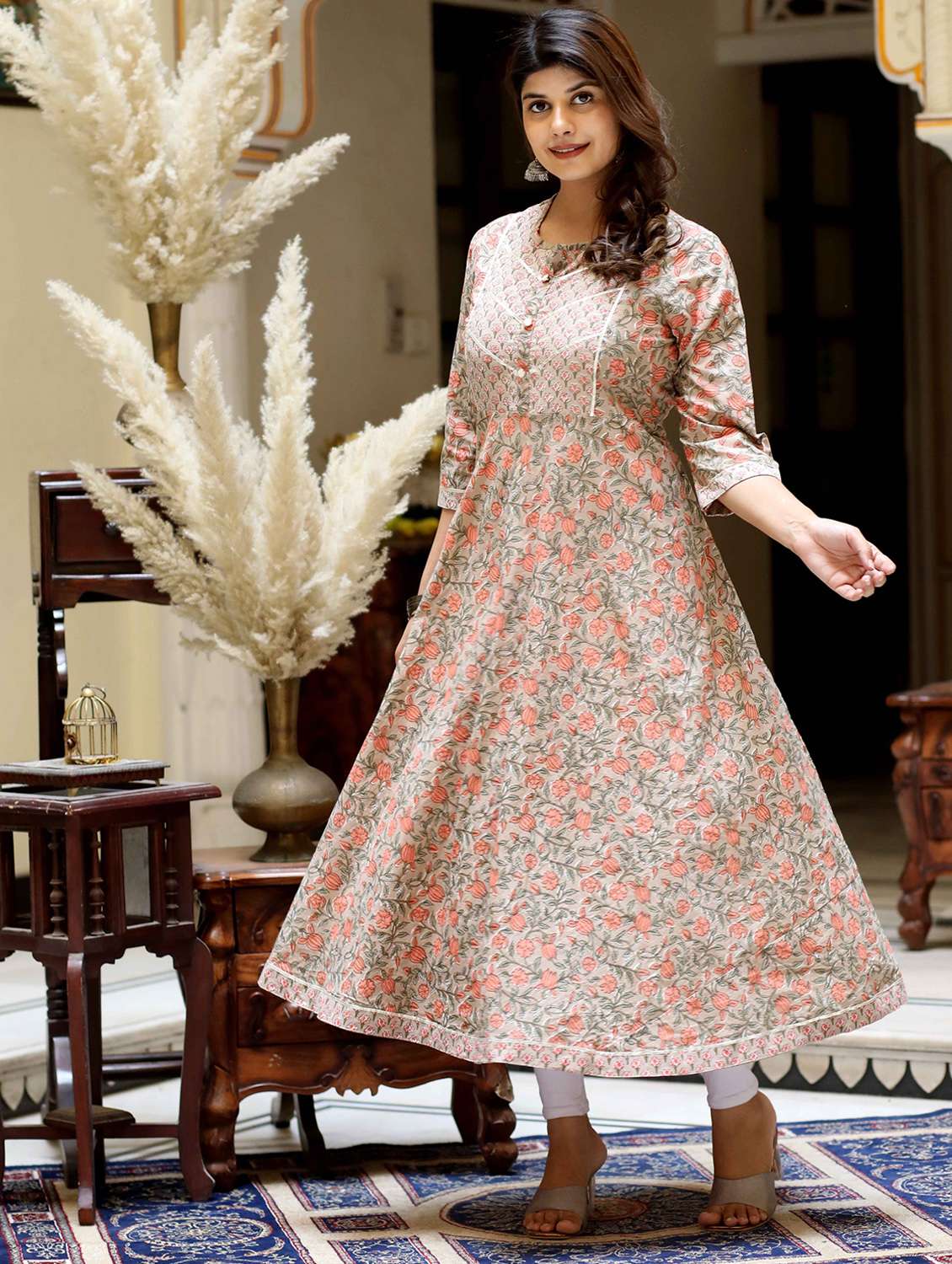 women printed three quarter sleeve anarkali kurta - 22285505 -  Standard Image - 2