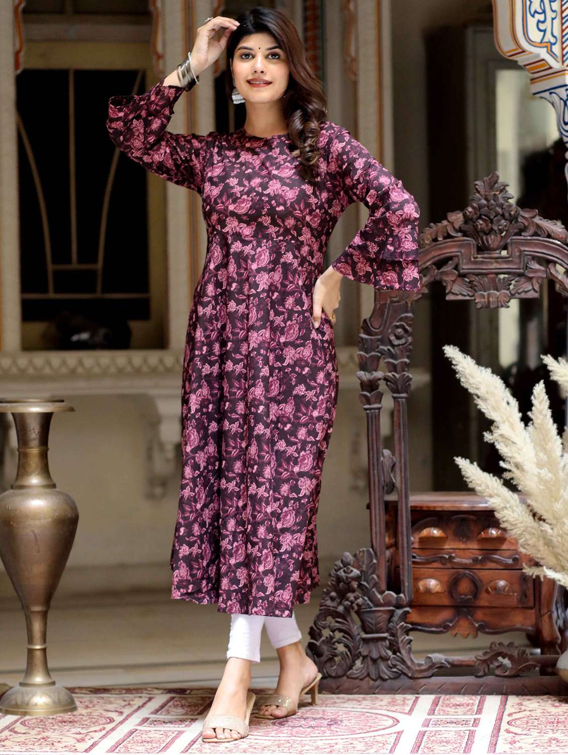women floral printed long sleeve anarkali kurta