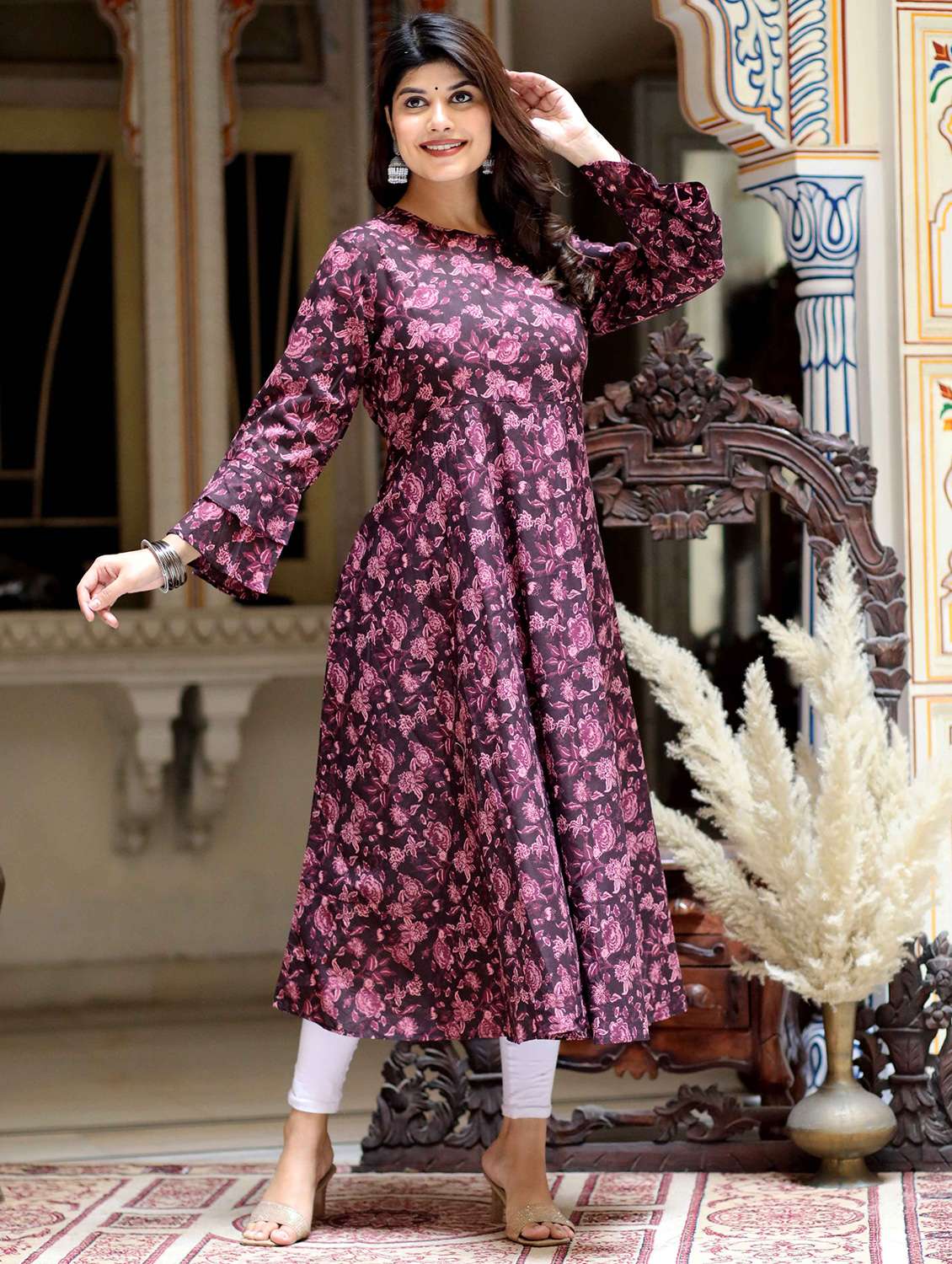 women floral printed long sleeve anarkali kurta - 22285507 -  Standard Image - 2