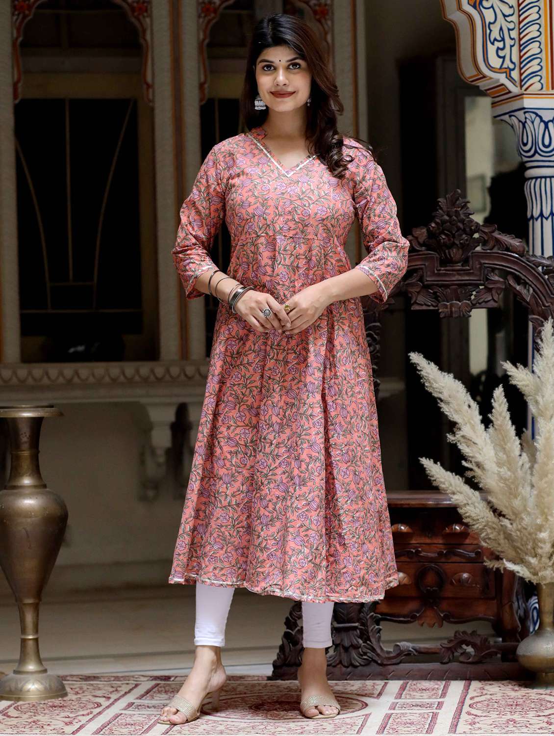 women floral printed three quarter sleeve anarkali kurta