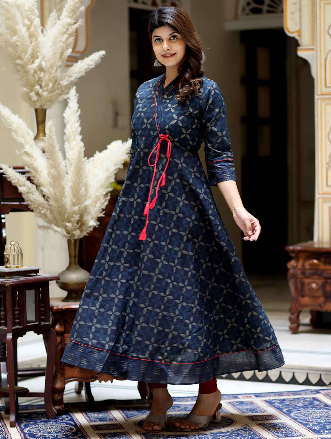 women printed three quarter sleeve angrakha kurta - 22285509 -  Standard Image - 2