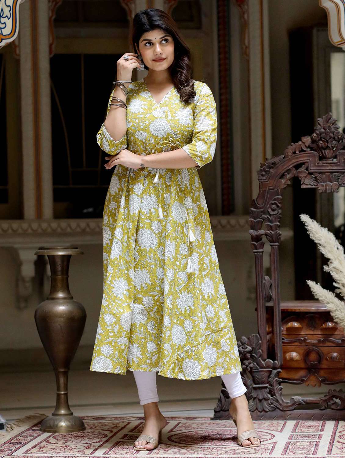 yellow cotton anarkali women printed three quarter sleeve anarkali kurta - 22285512 -  Standard Image - 2