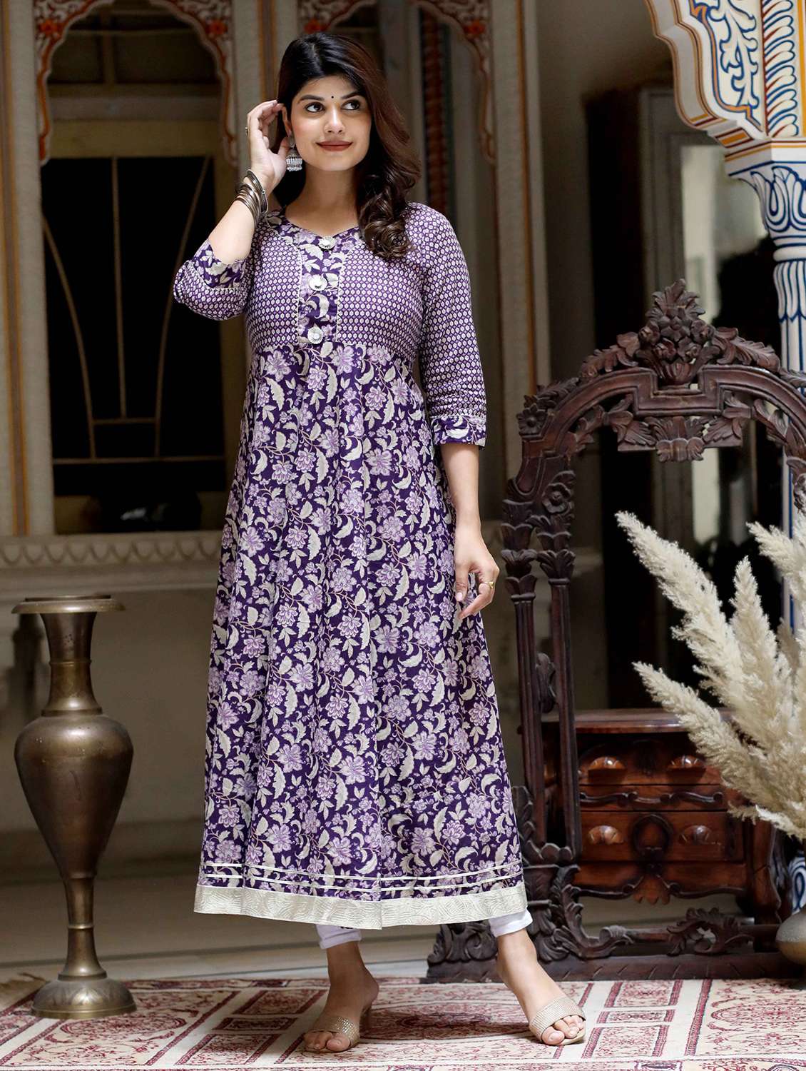 women printed three quarter sleeve anarkali kurta - 22285517 -  Standard Image - 2