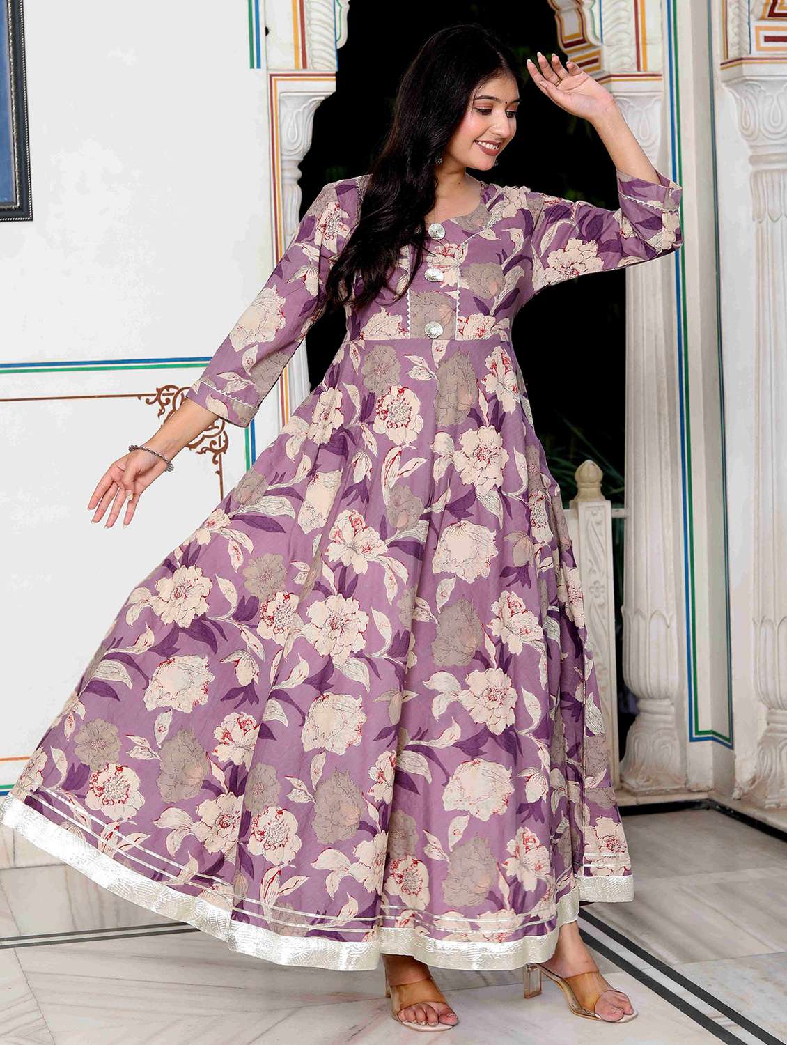 women printed three quarter sleeve anarkali kurta - 22285518 -  Standard Image - 2