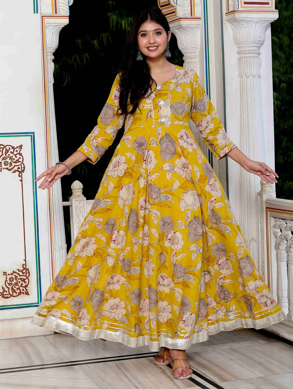 women printed three quarter sleeve anarkali kurta - 22285519 -  Standard Image - 2