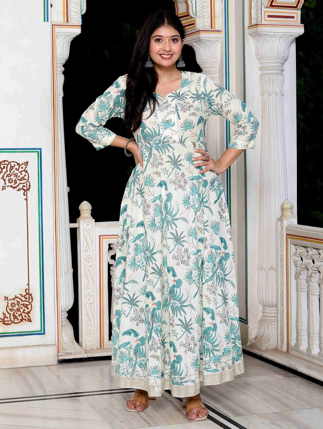 women printed three quarter sleeve anarkali kurta