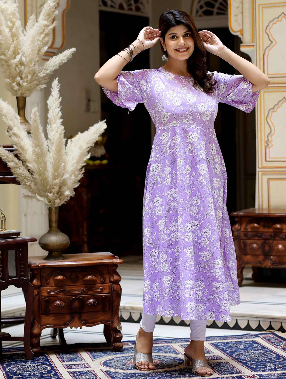 women printed three quarter sleeve anarkali kurta - 22285521 -  Standard Image - 2