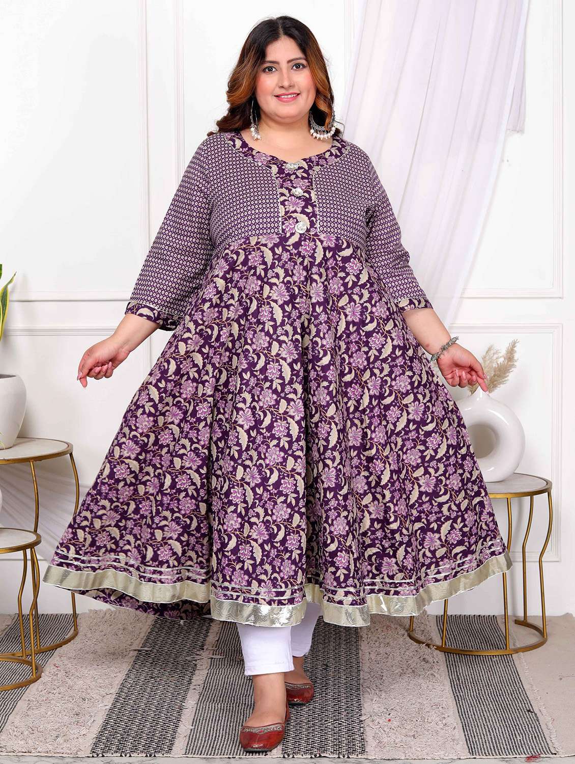 women printed three quarter sleeve anarkali kurta