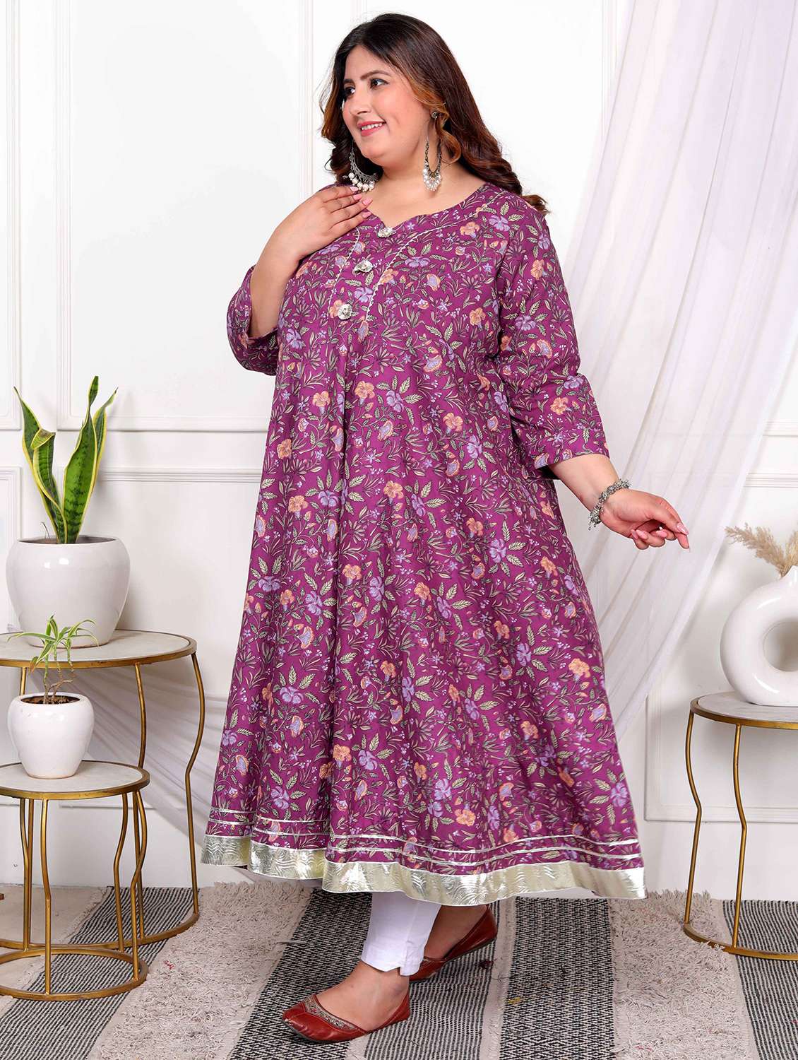 women printed three quarter sleeve anarkali kurta