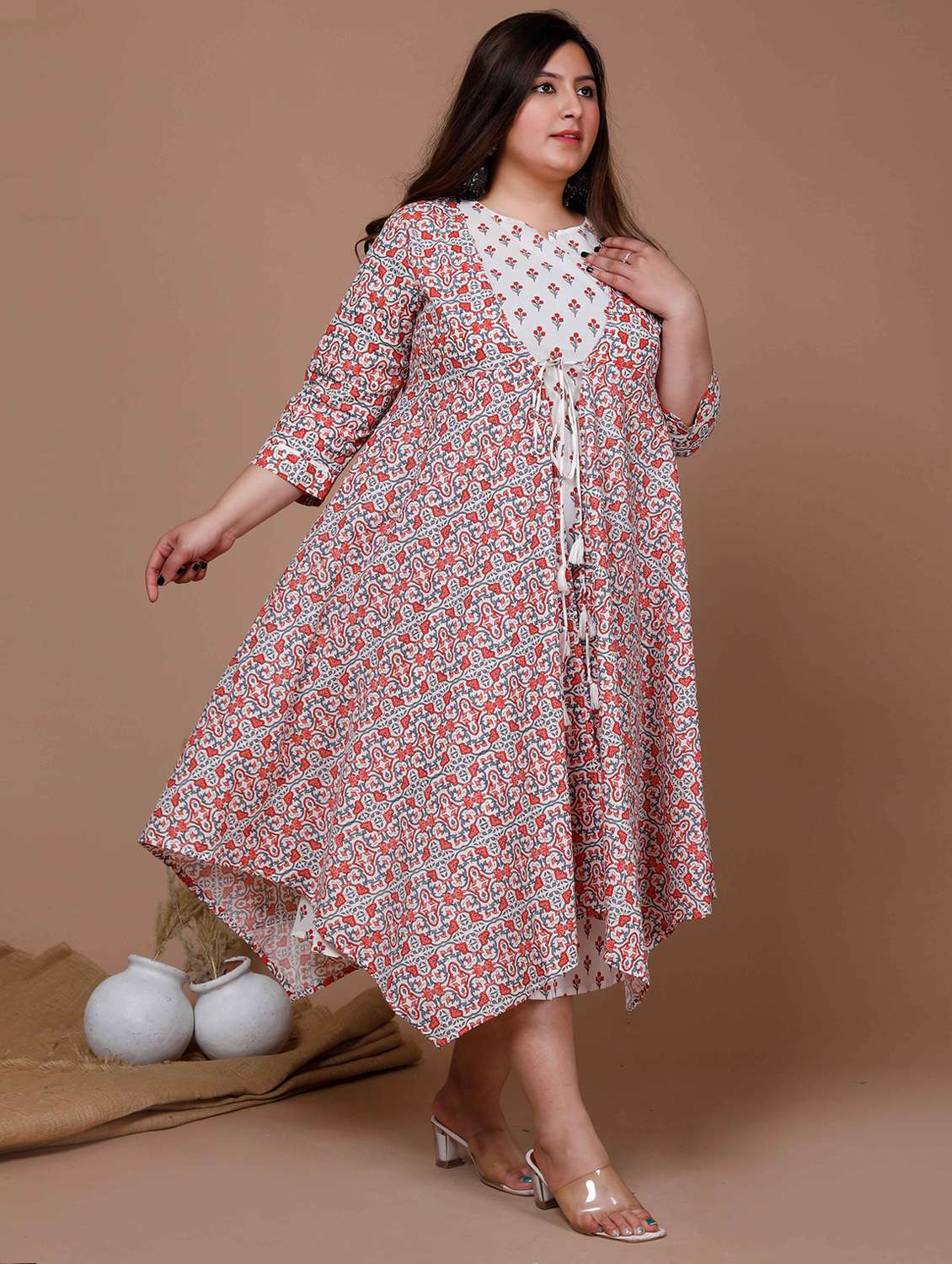 women plus size floral printed three quarter sleeve a-line kurta - 22285535 -  Standard Image - 2