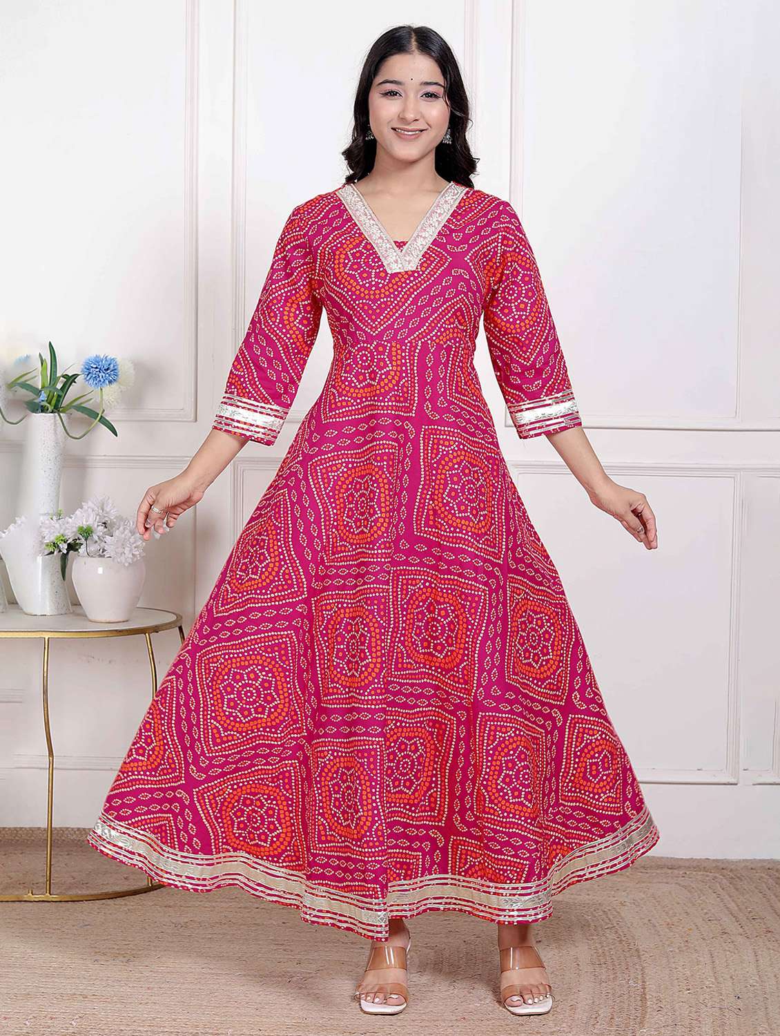 women printed three quarter sleeve anarkali kurta