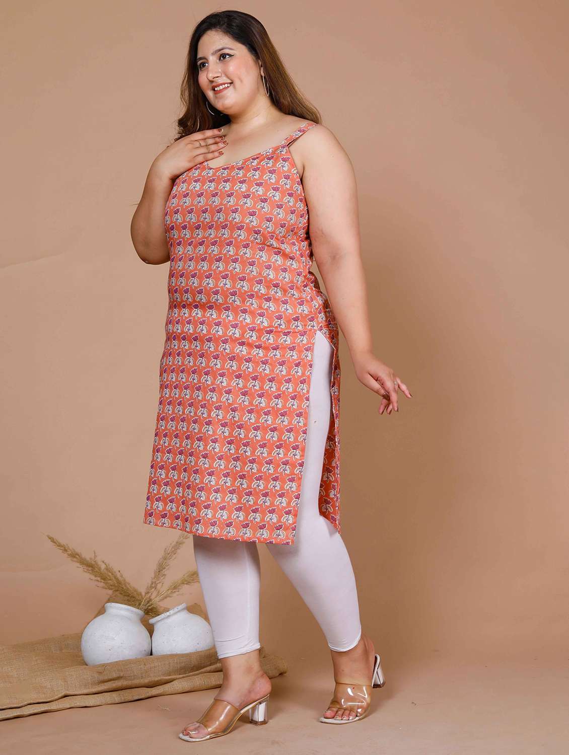 women plus size floral shoulder strap straight kurta - 22285558 -  Standard Image - 2