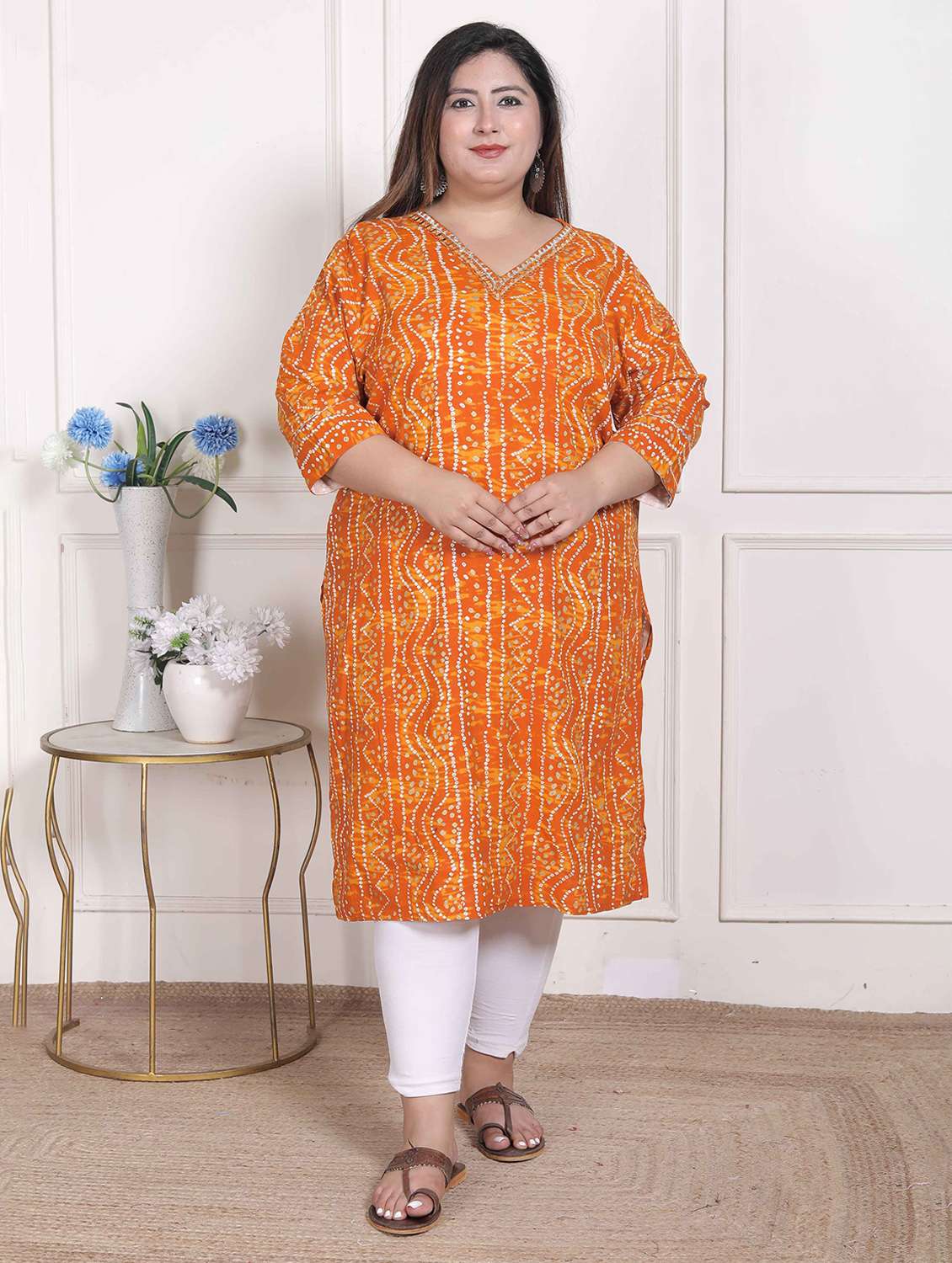 women plus size bandhani three quarter sleeve straight kurta