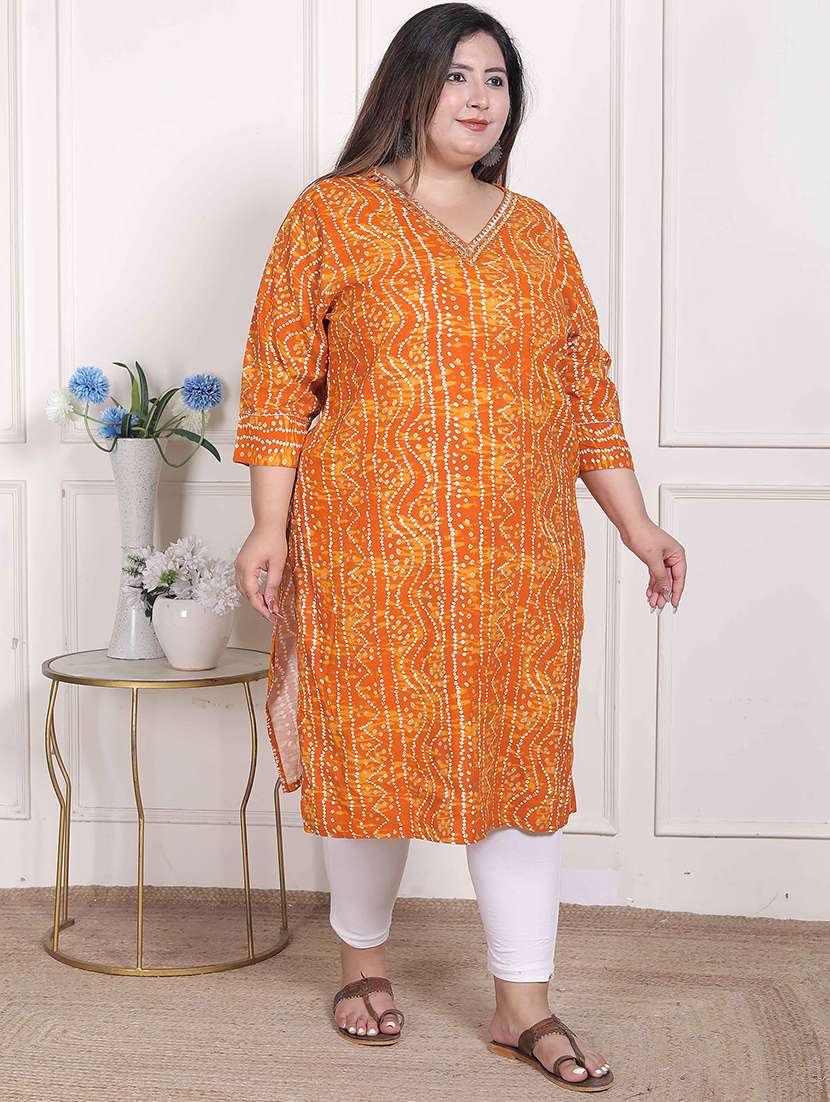 women plus size bandhani three quarter sleeve straight kurta - 22285560 -  Standard Image - 2