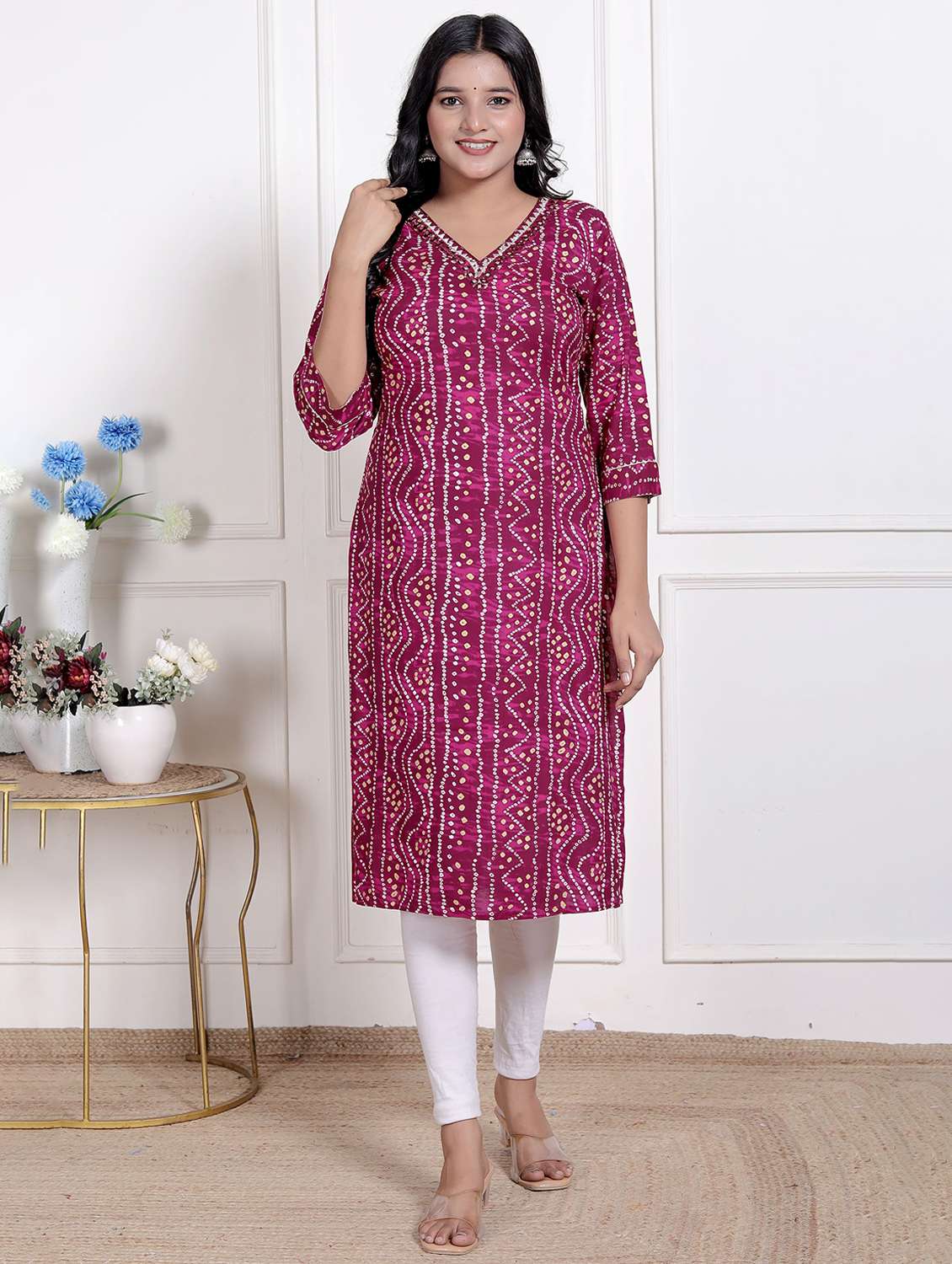 women printed three quarter sleeve straight kurta