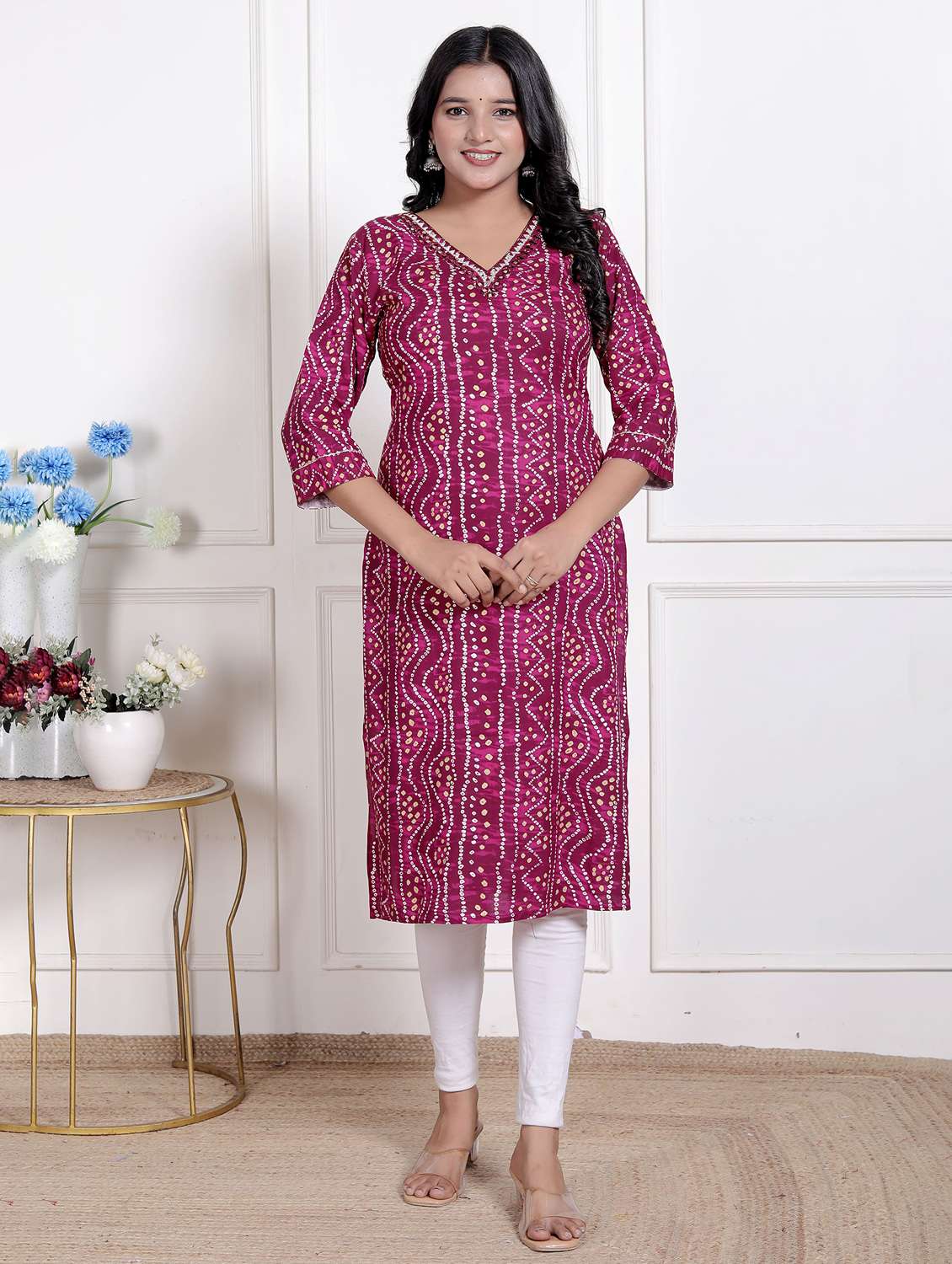 women printed three quarter sleeve straight kurta - 22285561 -  Standard Image - 2