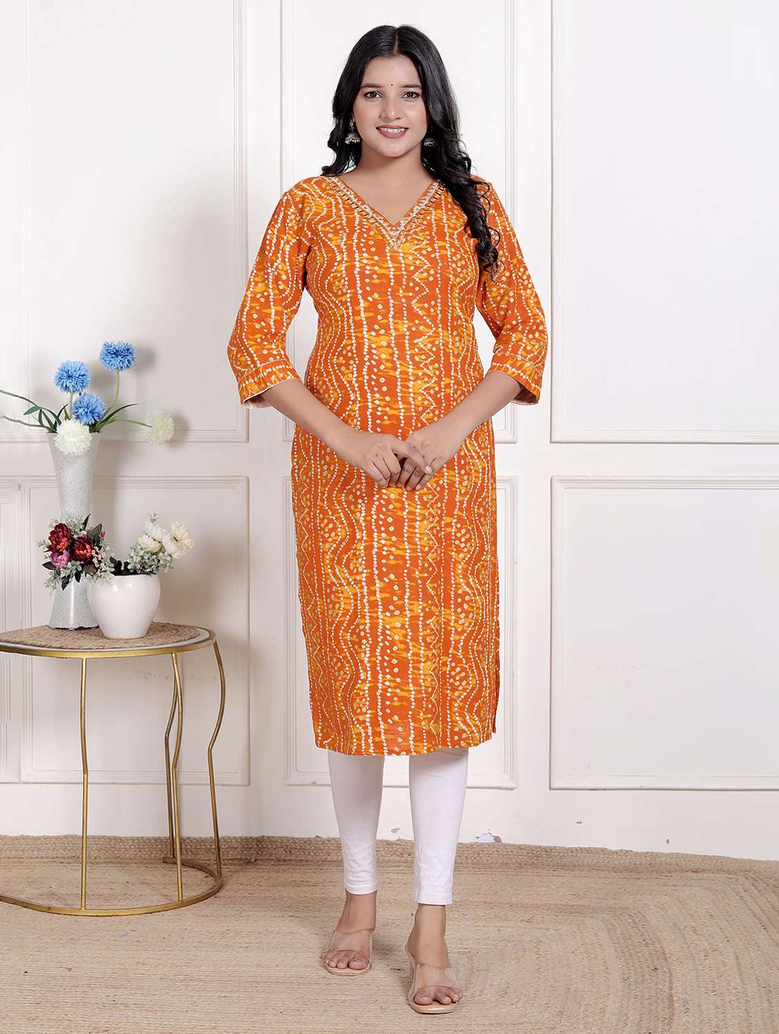 women printed three quarter sleeve straight kurta