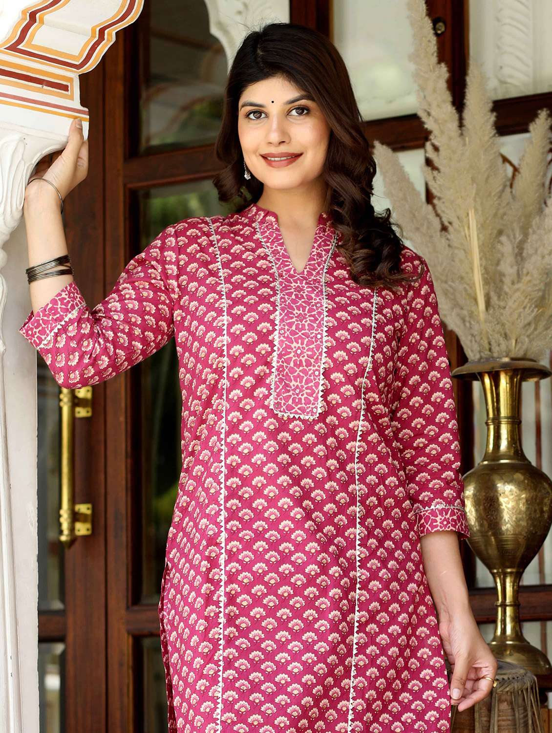 women floral printed three quarter sleeve kurta palazzo set - 22285569 -  Standard Image - 2