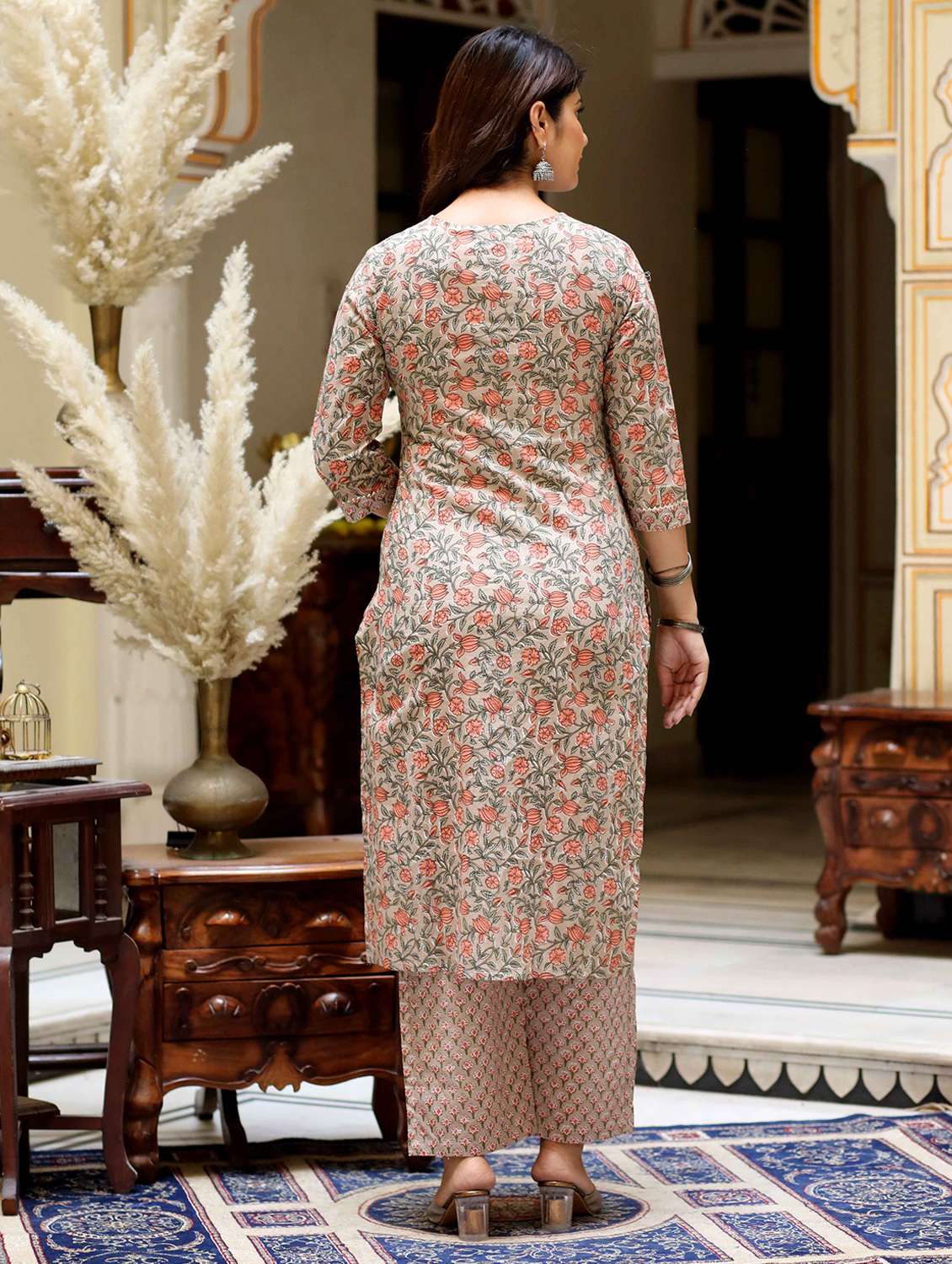 women floral printed three quarter sleeve kurta palazzo set - 22285571 -  Standard Image - 2