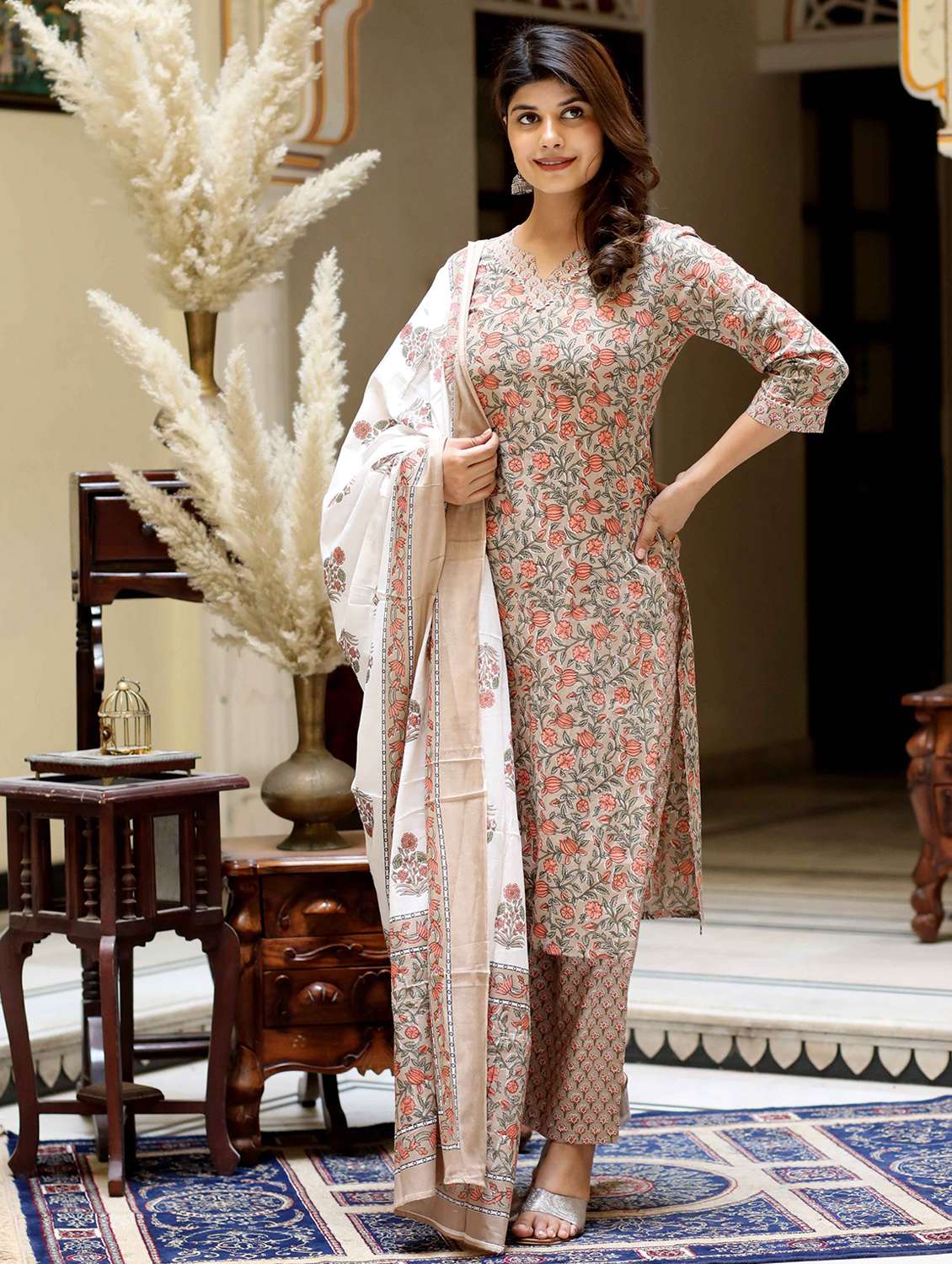 women printed three quarter sleeve kurta palazzo with dupatta set - 22285572 -  Standard Image - 2