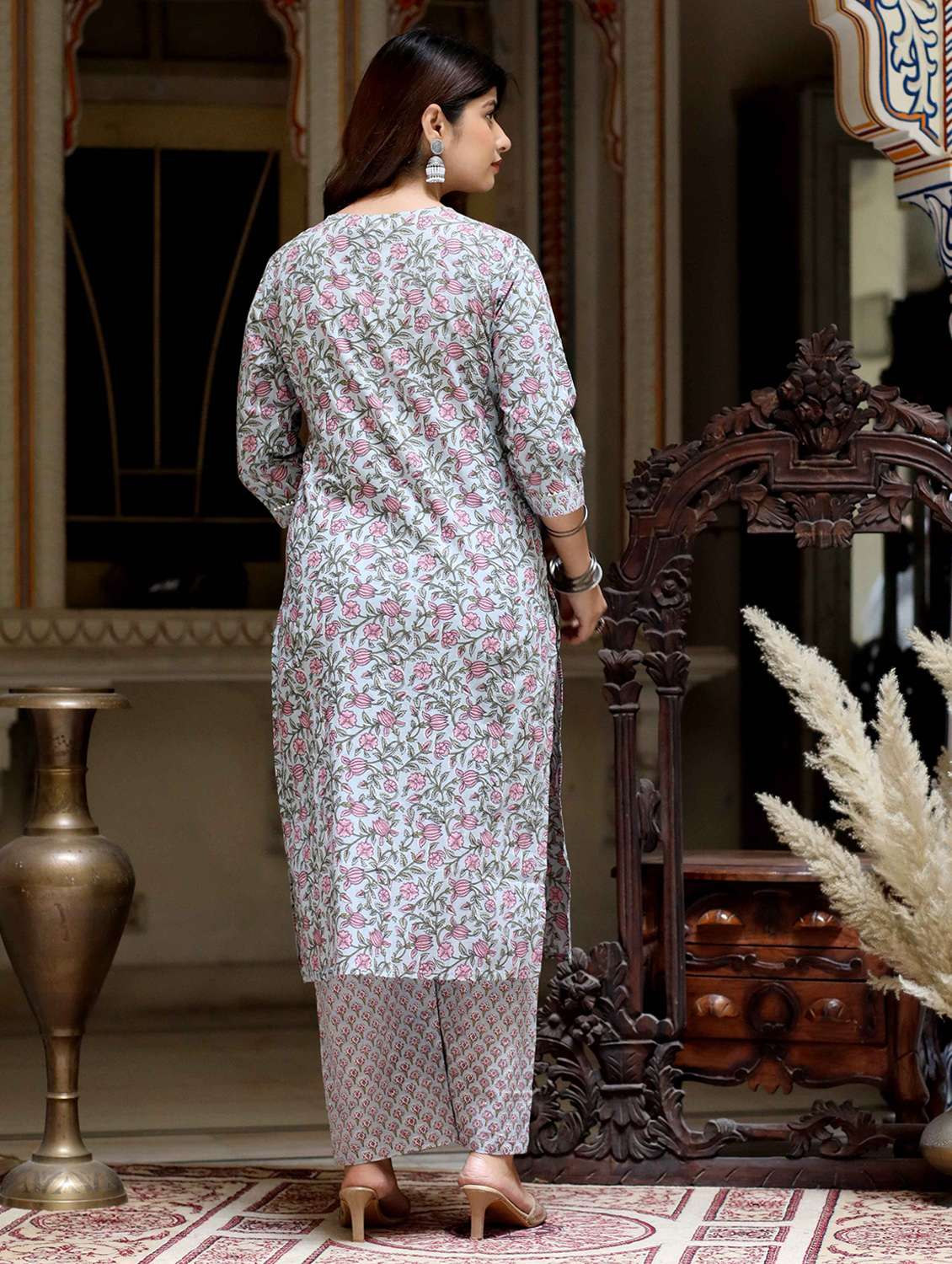 women floral printed three quarter sleeve kurta palazzo set - 22285573 -  Standard Image - 2