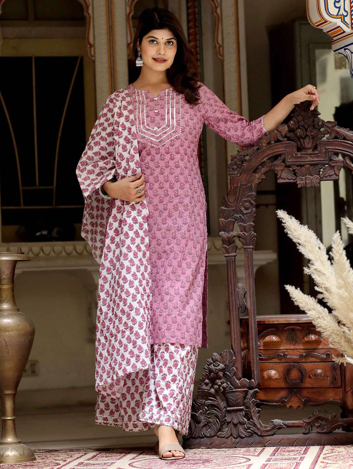 Women Printed Three Quarter Sleeve Kurta Palazzo With Dupatta Set - 22285576 -  Standard Image - 2