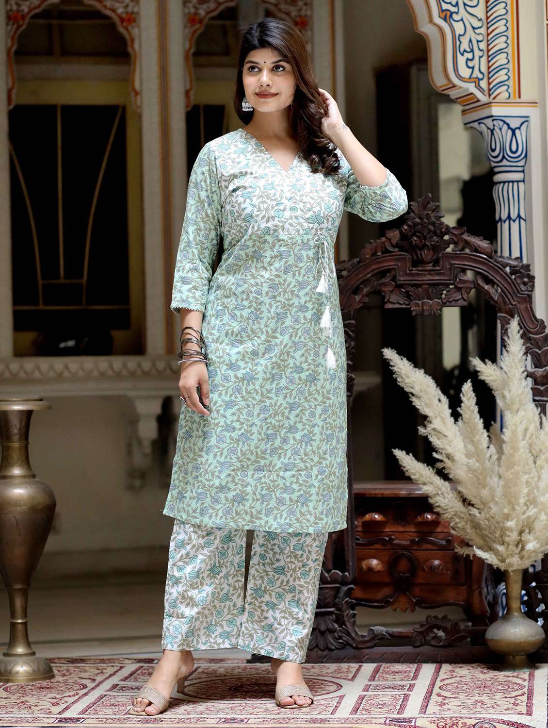 women floral printed three quarter sleeve kurta palazzo set - 22285577 -  Standard Image - 2