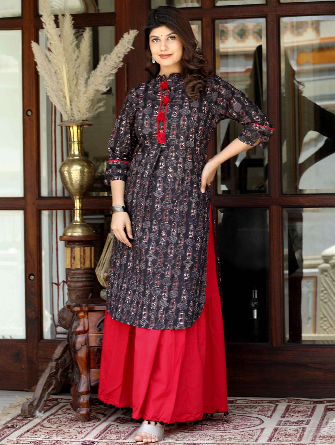 women printed three quarter sleeve kurta skirt set - 22285579 -  Standard Image - 2
