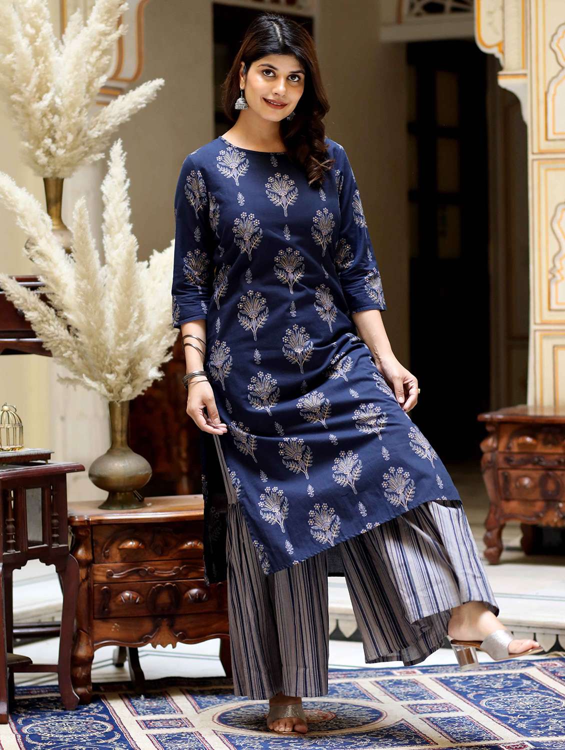 women floral printed three quarter sleeve kurta sharara set - 22285582 -  Standard Image - 2