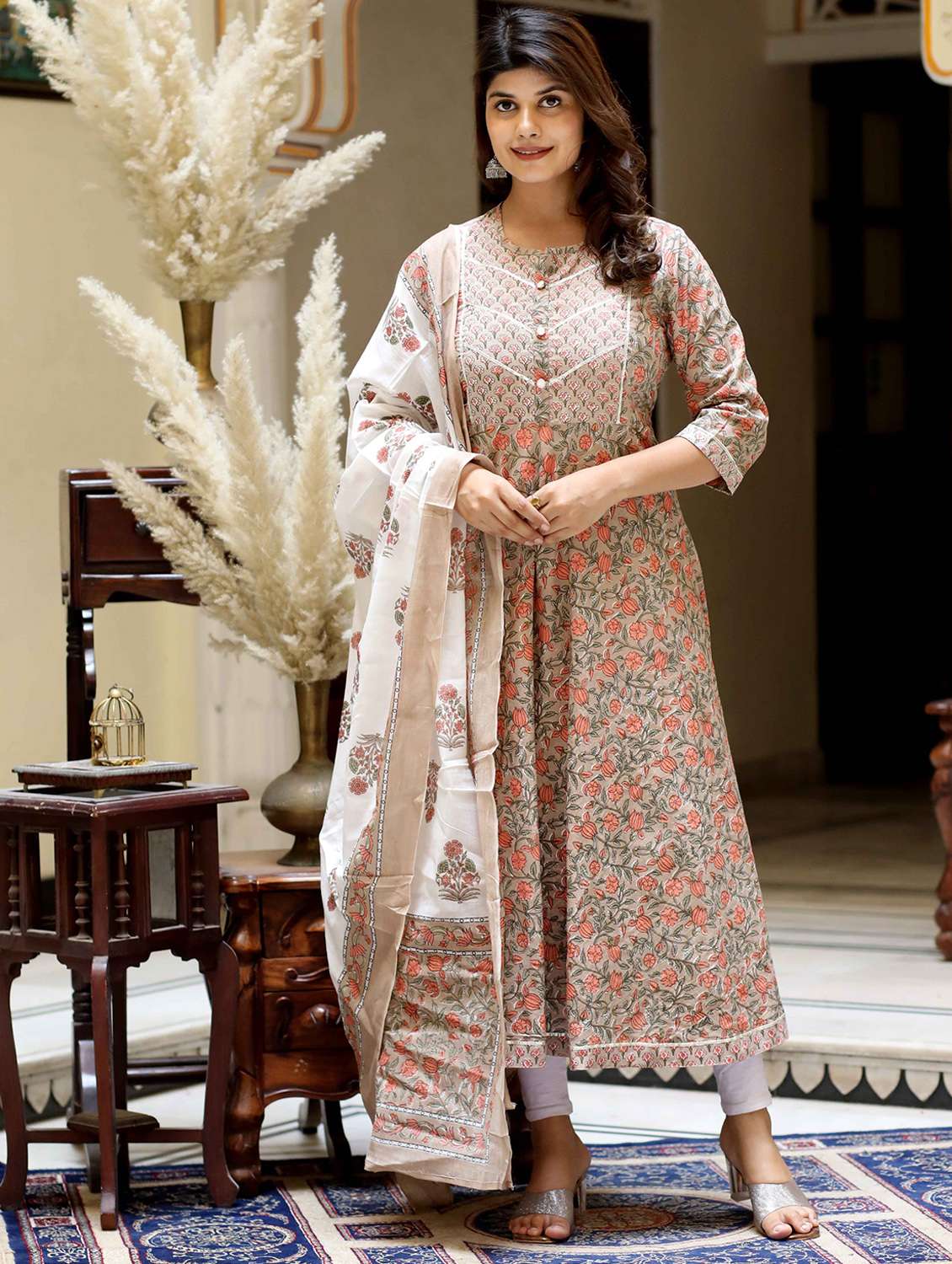 women printed three quarter sleeve kurta with dupatta set - 22285584 -  Standard Image - 2