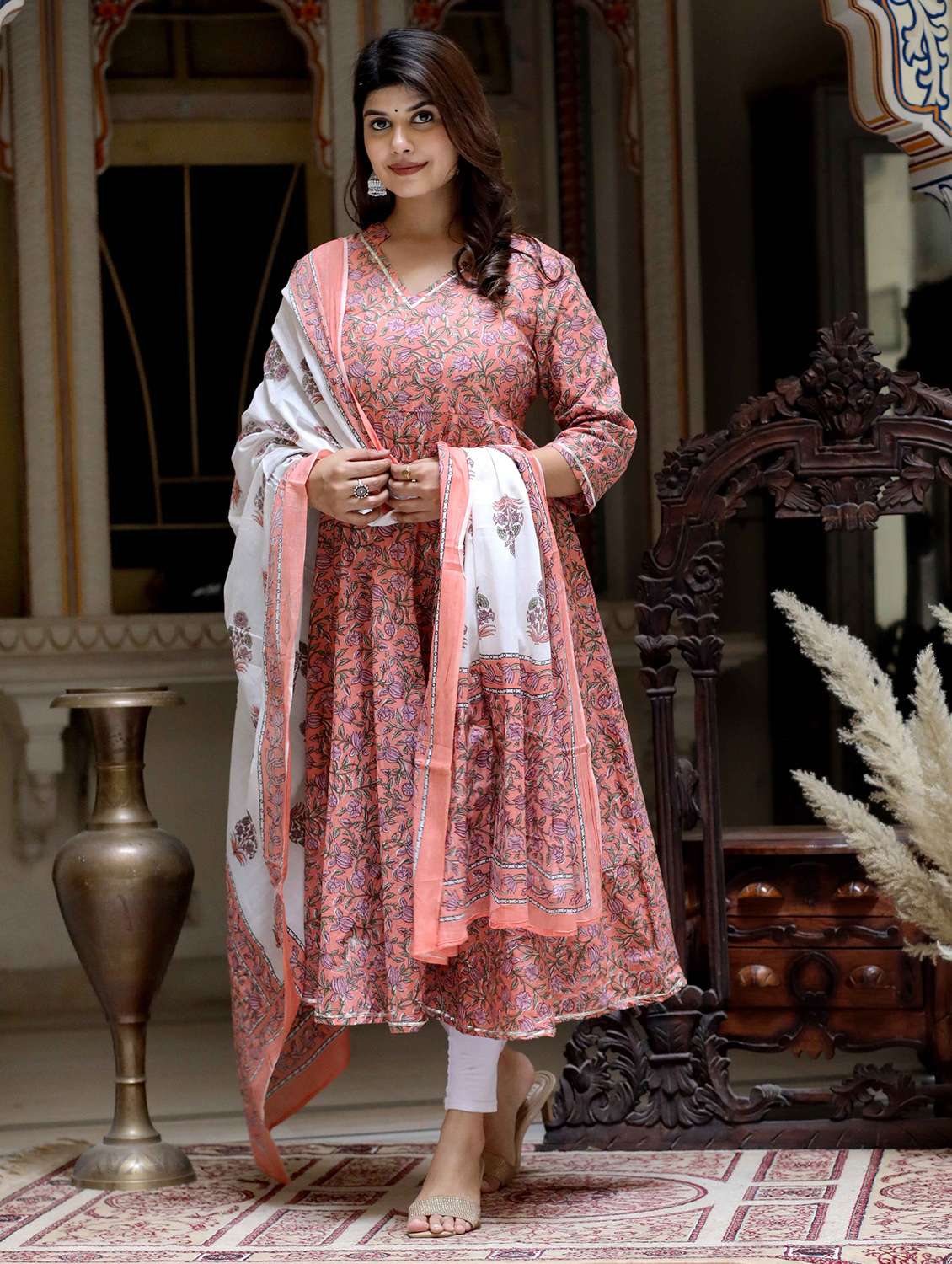 women printed three quarter sleeve kurta with dupatta set - 22285587 -  Standard Image - 2