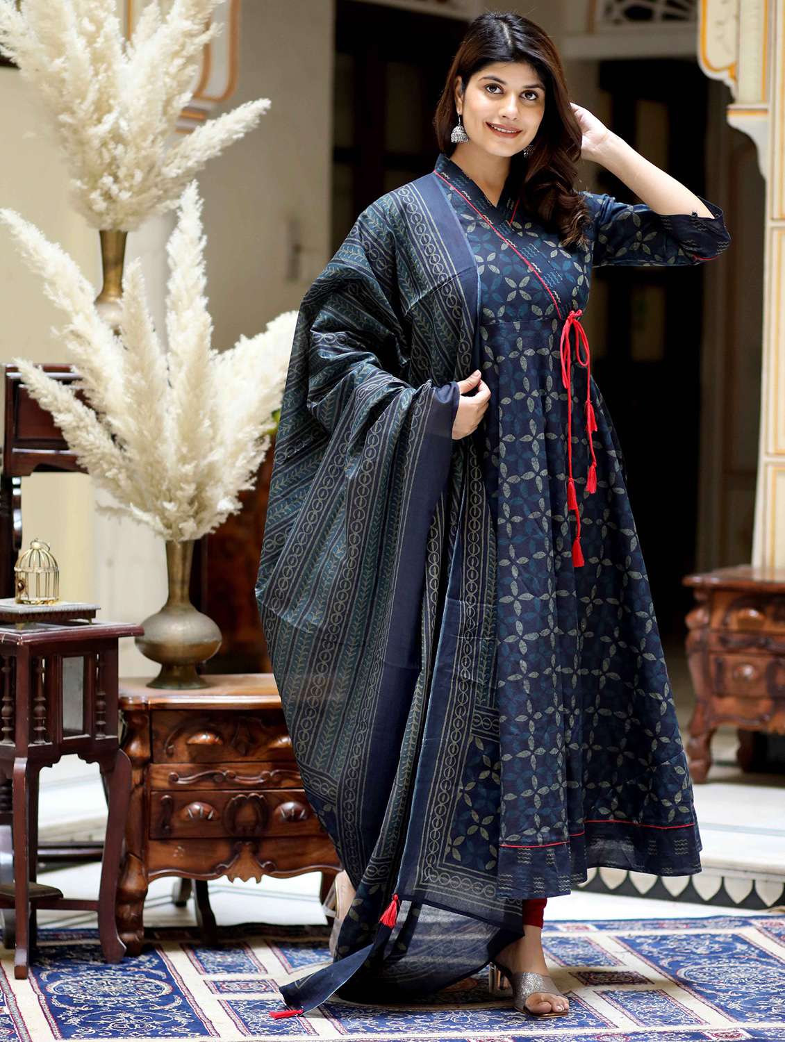 women printed three quarter sleeve kurta with dupatta set - 22285588 -  Standard Image - 2