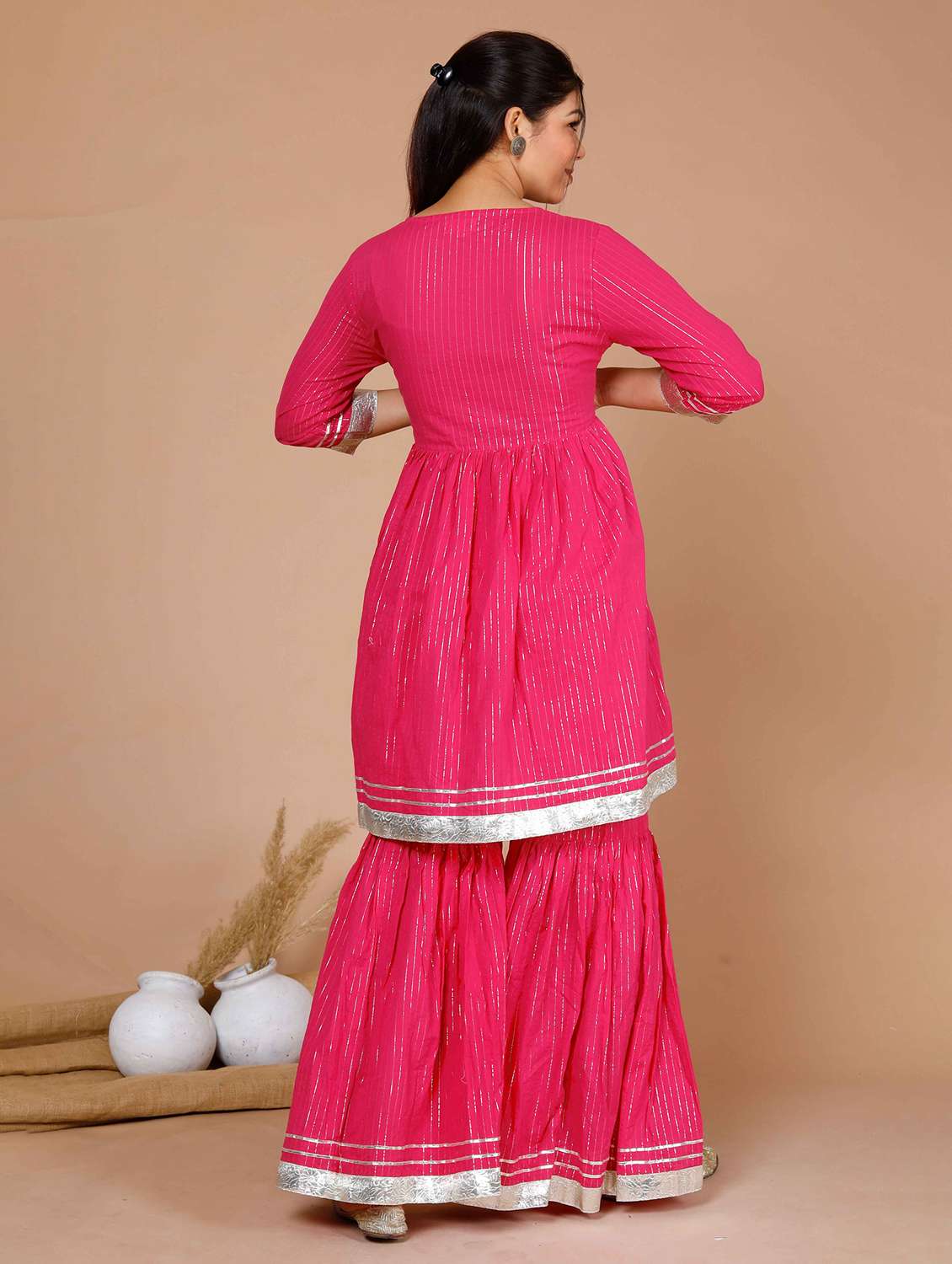 women striped three quarter sleeve kurta sharara set - 22285611 -  Standard Image - 2