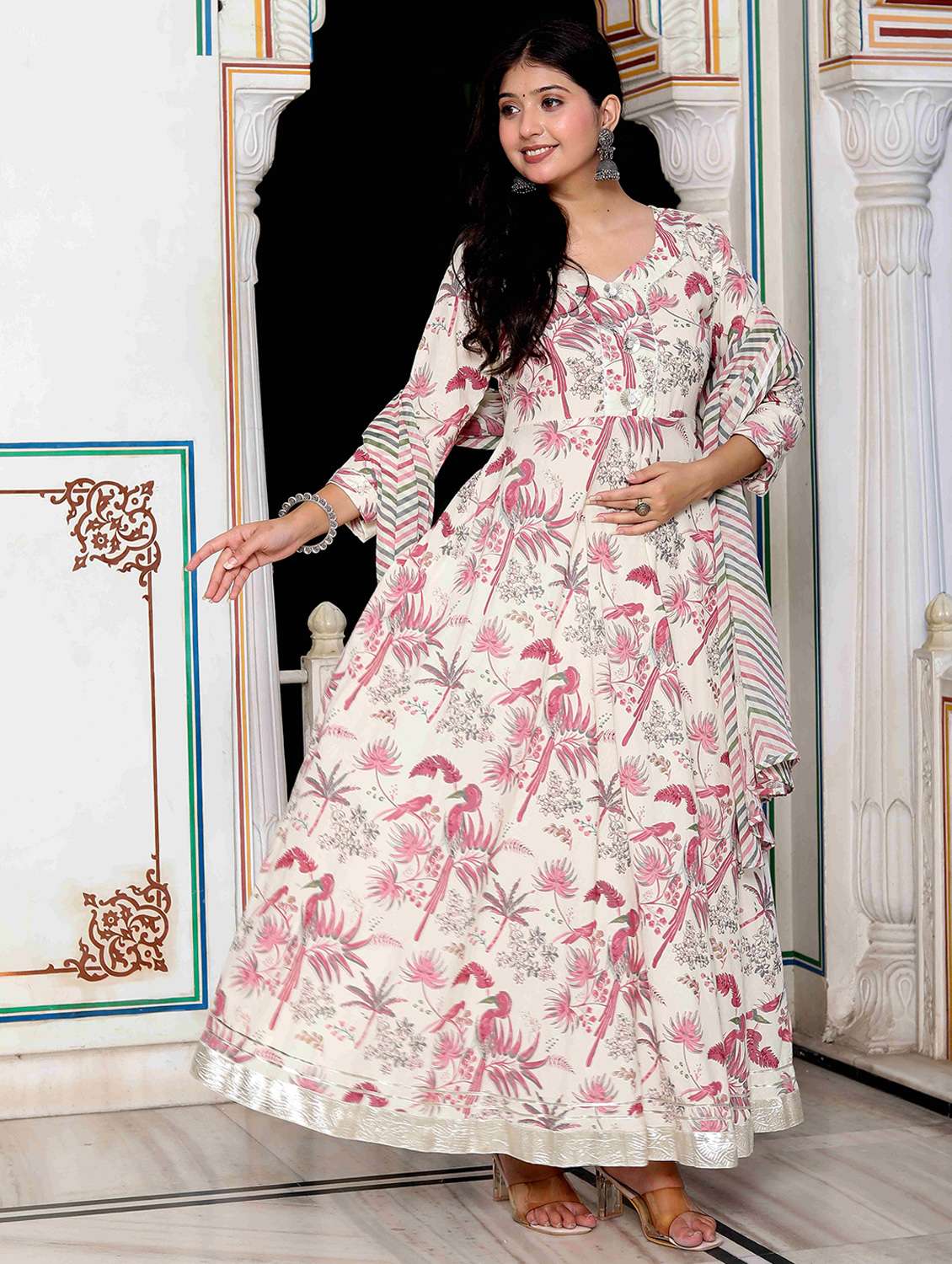 women floral three quarter sleeve kurta with dupatta set - 22285615 -  Standard Image - 2