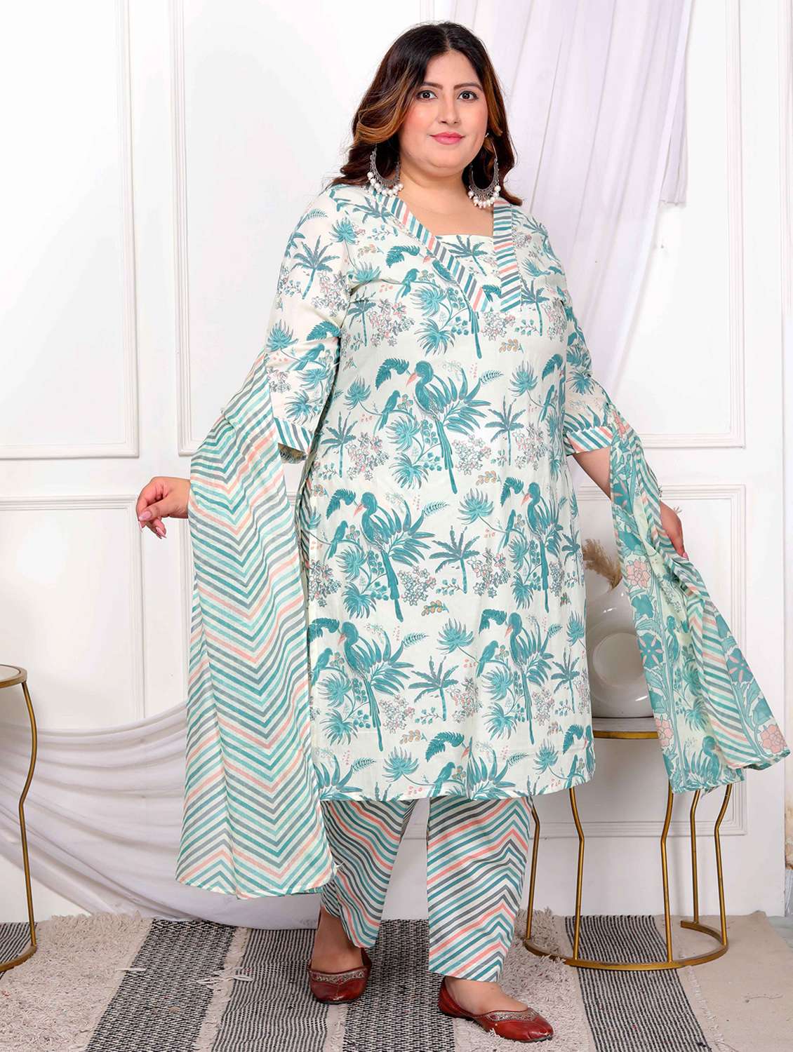Women Plus Size Floral Three Quarter Sleeve Kurta Pant With Dupatta Set - 22285624 -  Standard Image - 2