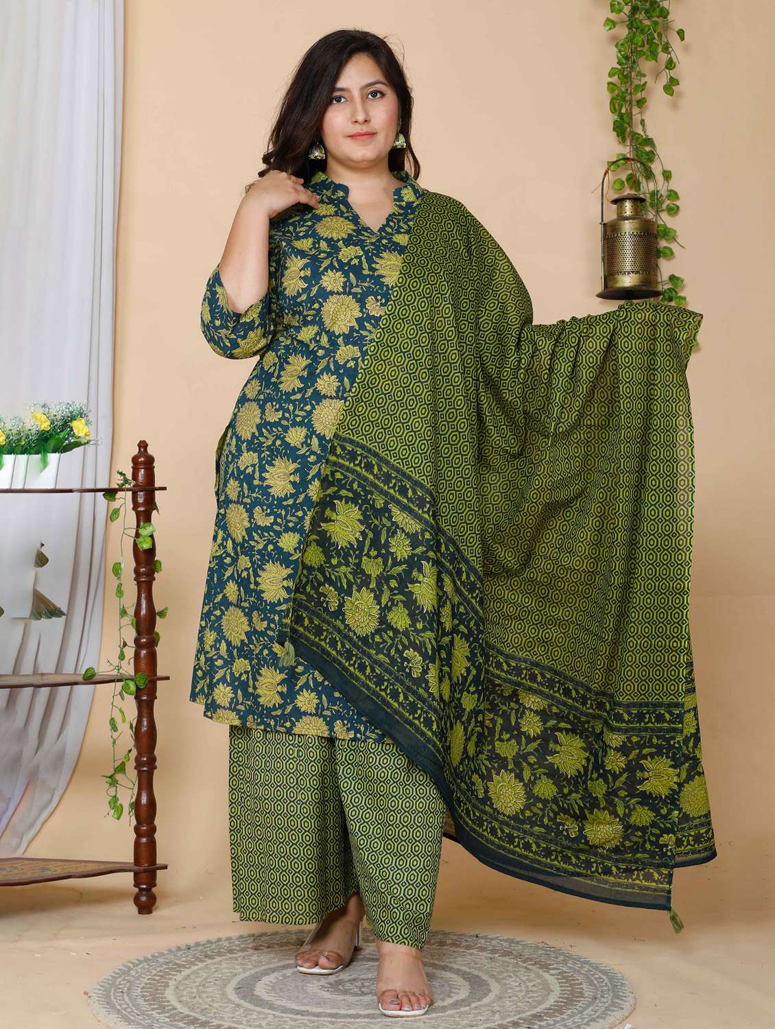 women plus size floral three quarter sleeve kurta sharara with dupatta set
